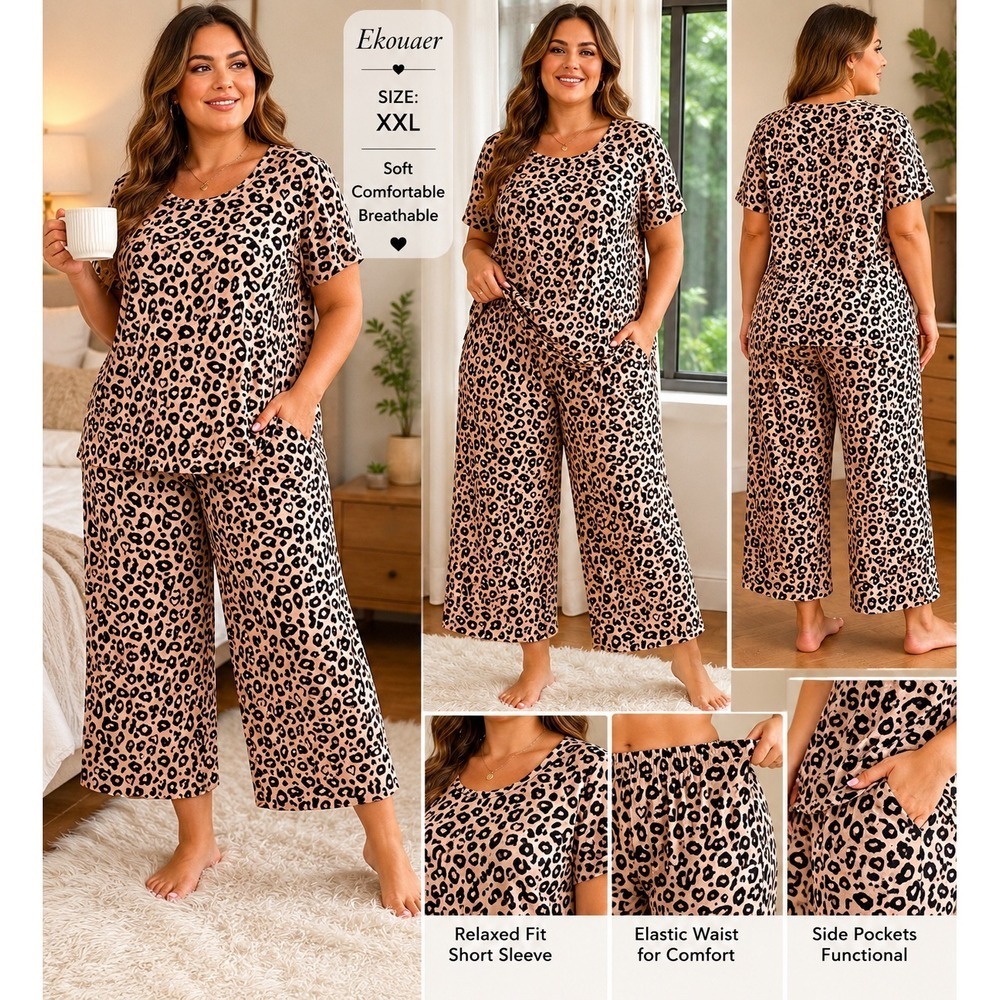Ekouaer Womens Leopard Heart Print Pajama Set XXL Short Sleeve Wide Leg Pants